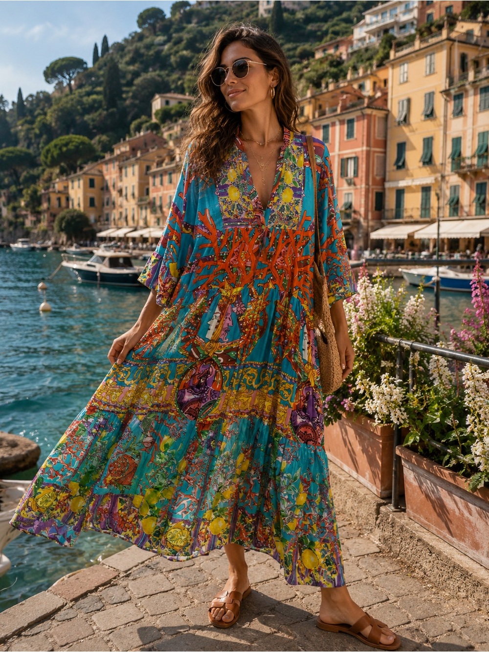 Leoni al Sole by Giacomo Cinque Colorful Italian Maxi Dress One Size NWT